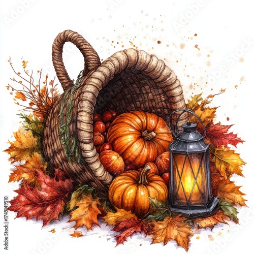 Wallpaper Mural Wicker Basket Overflowing with Pumpkins Autumn Leaves and Glowing Lantern Still Life Torontodigital.ca