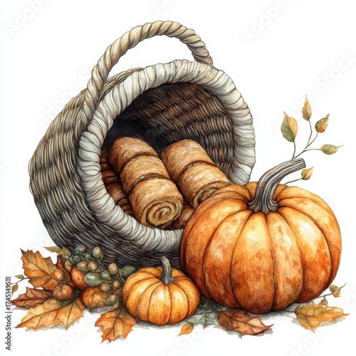 Wallpaper Mural Wicker Basket Overflowing with Baked Goods and Pumpkins with Scattered Autumn Leaves Torontodigital.ca