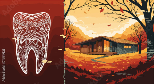 Conceptual illustration depicting stylized ornamental tooth on red background, juxtaposed with autumn landscape featuring cozy house nestled among colorful trees.