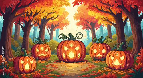 Autumnal Halloween pumpkins gather in forest clearing with vibrant orange leaves. Halloween pumpkins glow amidst fall colors, creating a spooky yet cheerful atmosphere for trick or treat.