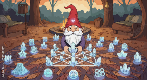 Fantasy gnome with red hat and white beard arranging glowing crystals in geometric pattern on forest rug. Magical fantasy gnome surrounded by spiritual crystal grid,