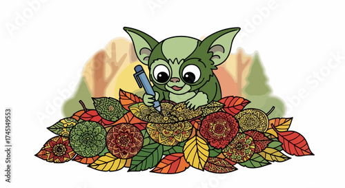Cute green creature engaging in autumn writing amidst vibrant pile of fallen leaves, holding small pen. Detailed leaf patterns and rich autumnal colors enhance creative autumn writing theme.