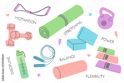 Fitness sports set with motivational quotes. Fitness elements. Different sports equipment