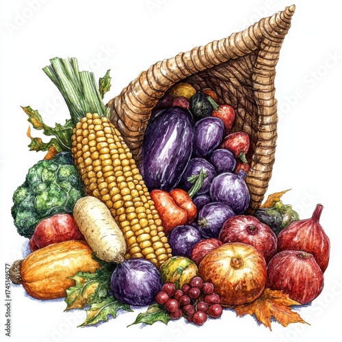 Wallpaper Mural Wicker Cornucopia Filled with Harvest Vegetables on White Background Torontodigital.ca