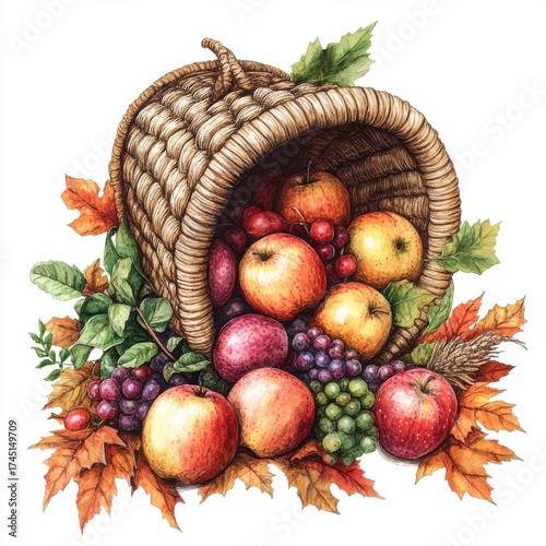 Wallpaper Mural Woven Basket Cornucopia Overflowing with Harvest Fruits and Autumn Leaves Illustration Torontodigital.ca