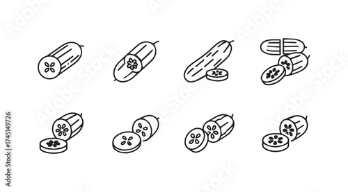 Hand drawn cucumber icons collection showing whole sliced and chopped fresh vegetables vector