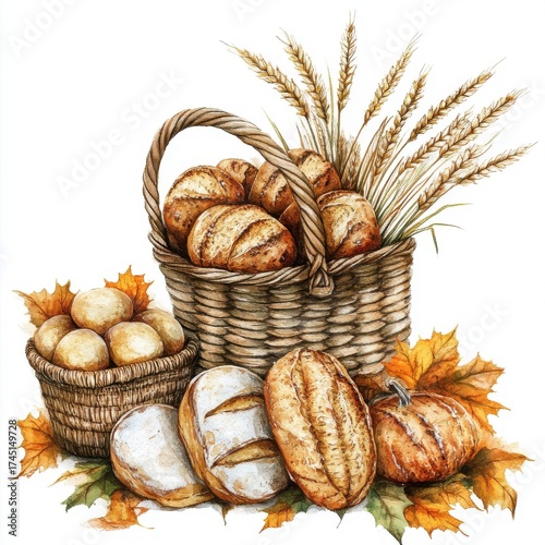 Wallpaper Mural Woven Basket Filled with Rustic Bread and Wheat Stalks Amidst Autumn Leaves Torontodigital.ca