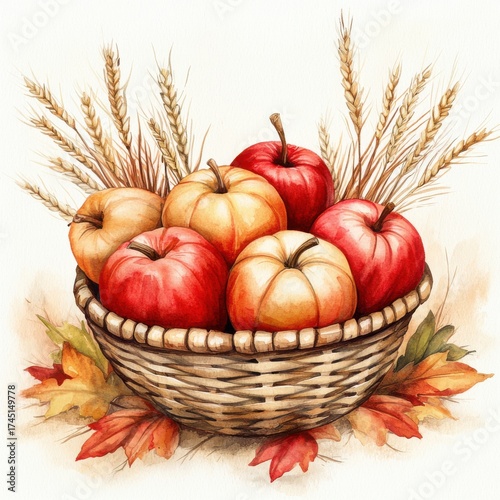 Wallpaper Mural Woven Basket with Apples and Wheat Stalks on White Background Torontodigital.ca