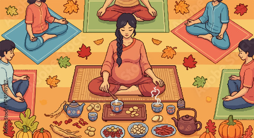 Group prenatal yoga session with healthy food and drinks. Group prenatal yoga class includes pregnant women meditating in padmasana on yoga mats, enjoying calm practice.