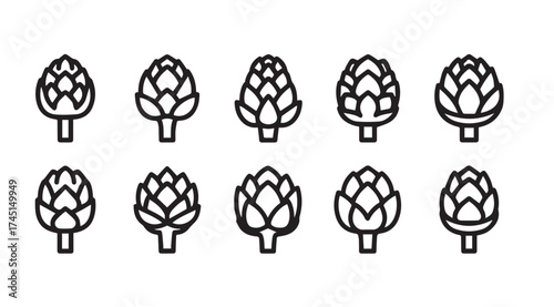 Collection of stylized artichoke icons in a linear outline graphic style for culinary use vector