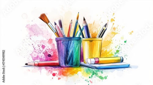 Watercolor painting tools illustration with pencils and brushes in holders