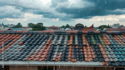 Witness the rustic, multicolored charm of an old tiled rooftop under a dramatic, stormy sky