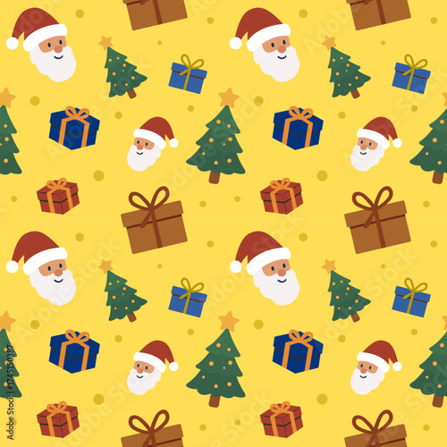 Christmas Seamless Pattern: Cute Santa, Colorful Gifts, and Tree. Yellow Flat Vector Design for Wrapping Paper, Fabric, and Backgrounds.