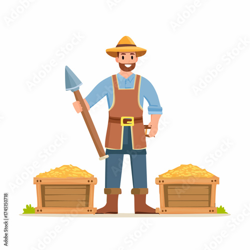 Farmer holding shovel with harvested crops