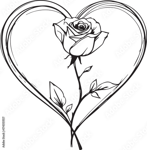 PrintBlack and white rose in heart illustration with elegant line art symbolizing love, romance, and emotional beauty