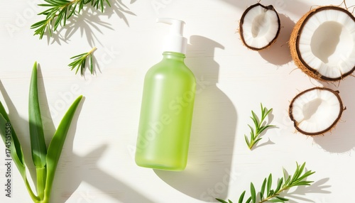 Natural organic cosmetic product in pump bottle with aloe vera, coconut, green plant leaves. Eco friendly skincare concept.