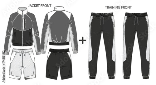 Fashionable athletic wear ensemble featuring jacket and trousers design elements