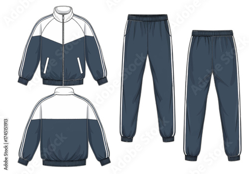 A digital illustration of a blue and white tracksuit displayed from multiple angles on a white background