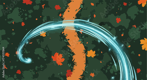 Autumn landscape painting depicts a meandering path with fallen autumn leaves. Autumn landscape, painted with bold shapes, evoke quiet beauty of fall season.