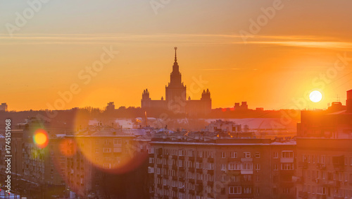 Sunset Moscow State University in winter timelapse
