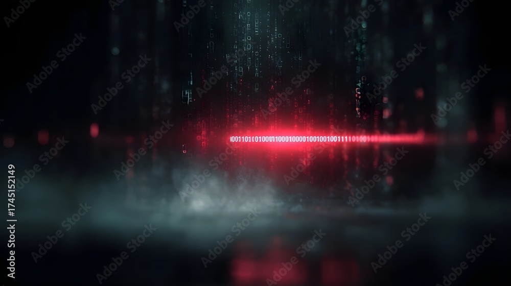 Naklejka premium A red beam of binary code cuts through a dark foggy digital landscape suggesting a cyber threat