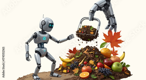 Robot composting pile with leaves and fruit as sustainable organic waste, robot composting food, banana peels, and autumn leaves. Robot composting setup with oranges, apples,