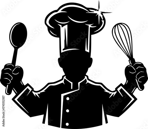 Culinary master illustration for food blogs and restaurant menus. Chef with spoon and whisk, perfect for baking, cooking, and pastry designs.