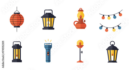 Collection of various lanterns and lights in modern flat design style