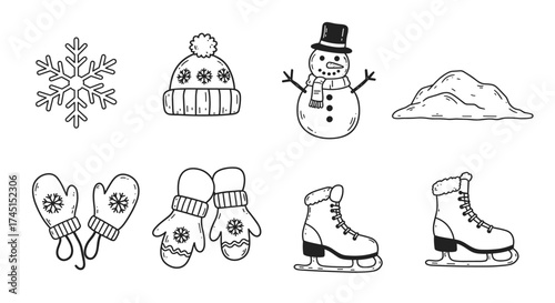 Winter line art icons: snowflake, snowman, mittens, ice skates for seasonal design