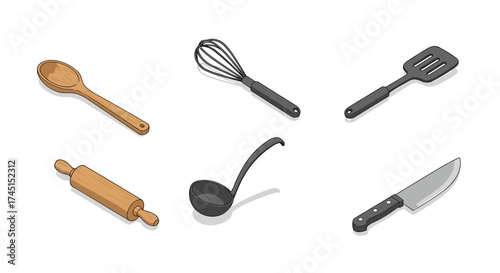 Isometric kitchen utensils set: whisk, spoon, knife, spatula, ladle, rolling pin