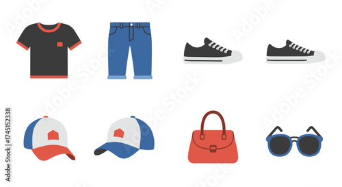 Fashion icons set: casual clothing and accessories in flat style