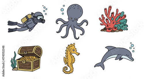 Colorful marine life: diver, octopus, coral, dolphin, seahorse, and treasure chest