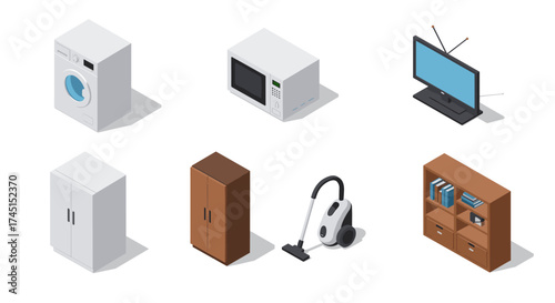 Isometric home appliances collection with washer, microwave, tv, and furniture