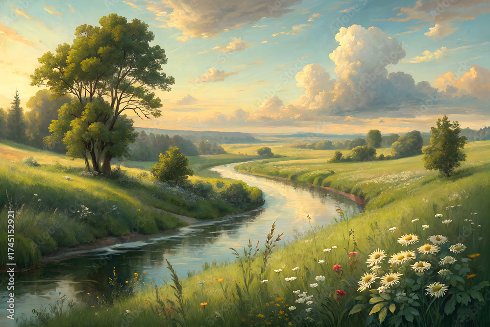 Obraz premium Summer river in original oil painting, oil painting art