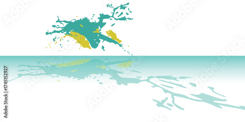 Vibrant paint splatters in teal and gold reflect on a calm, light blue surface, creating an abstract and artistic visual.