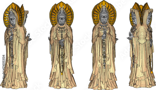 Vector sketch illustration silhouette design of the statue of the goddess Kwan Im, the most famous and highly respected Bodhisattva in Mahayana Buddhism 