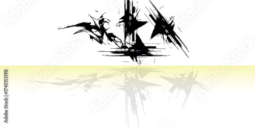 Abstract black geometric graffiti art with sharp angular strokes and mirrored reflection on a light surface. Modern digital design with grunge and futuristic texture.