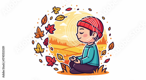 Boy meditating outdoors surrounded by colorful autumn leaves, representing mindfulness. Meditating boy in nature finds peace, amidst leaves and serene landscape; simple design,