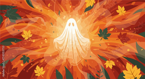 Floating ghost surrounded by falling autumn leaves creates Halloween atmosphere. Ghost apparition in spooky scenery evokes Halloween spirit with colorful foliage.