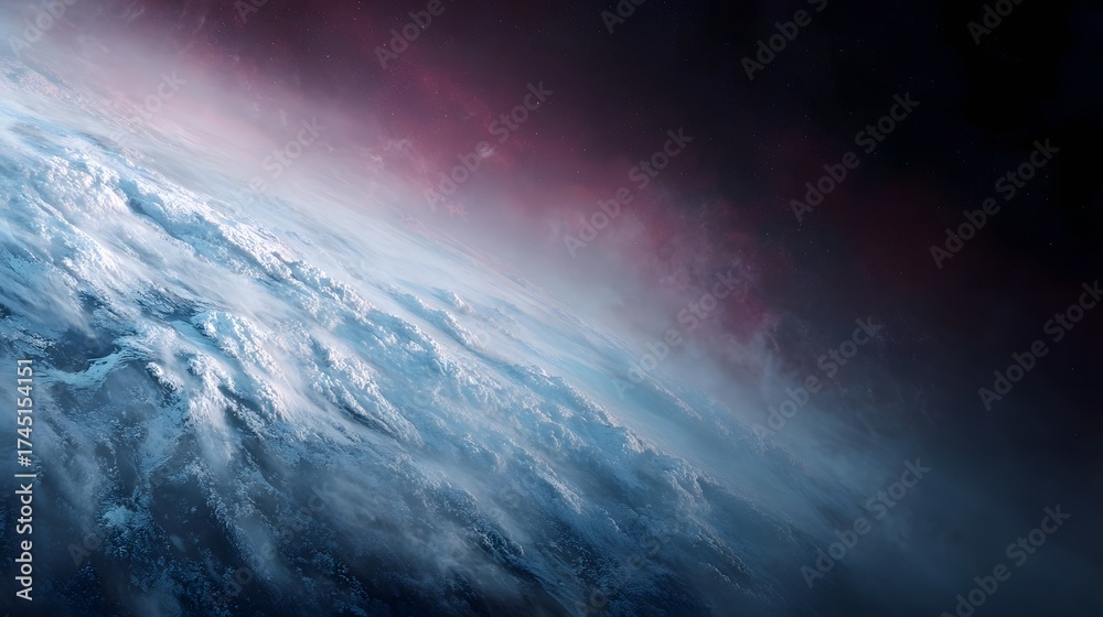 Fototapeta premium View from space looking at Earth s atmosphere with swirling pink nebula above evoking scientific observation and climate awareness