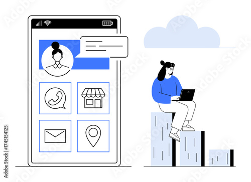 Smartphone screen with user profile, icons for communication, location, and shopping. Woman sits on graph bars working on a laptop. Ideal for technology, communication, social media, networking