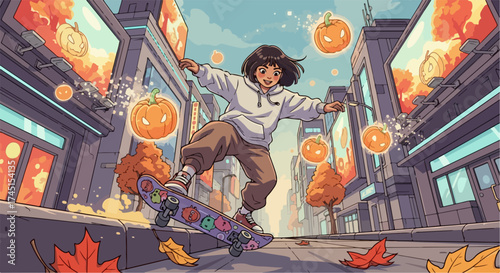 Autumn skateboarding scene with girl performing stunt on city street under floating pumpkins. Autumn skateboarding session captures urban energy and the vibrant colors of fall.