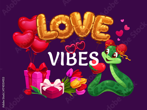 Love vibes Valentine greeting card with quote, funny snake and heart balloons, cartoon vector. Valentine day love holiday romantic quote with tulip flowers and wedding gifts for greeting card