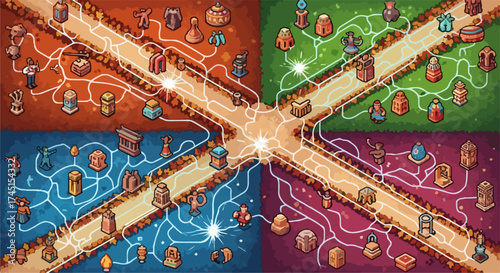 Intricate board game illustration showcasing strategic gameplay and complex pathways. This board game illustration represents a strategy game with multiple paths and objectives,