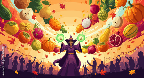 Halloween celebration with array of fruits, an autumn scene featuring a conjuring witch casting spells, creating a festive atmosphere with floating fruits and cheering silhouettes.
