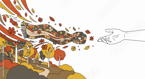 Autumn scarf floats in wind, catching falling leaves on crisp autumn day. Autumn scarf depicts season's change, with hand ready to catch. Symbolism autumn scarf, representing autumnal air,