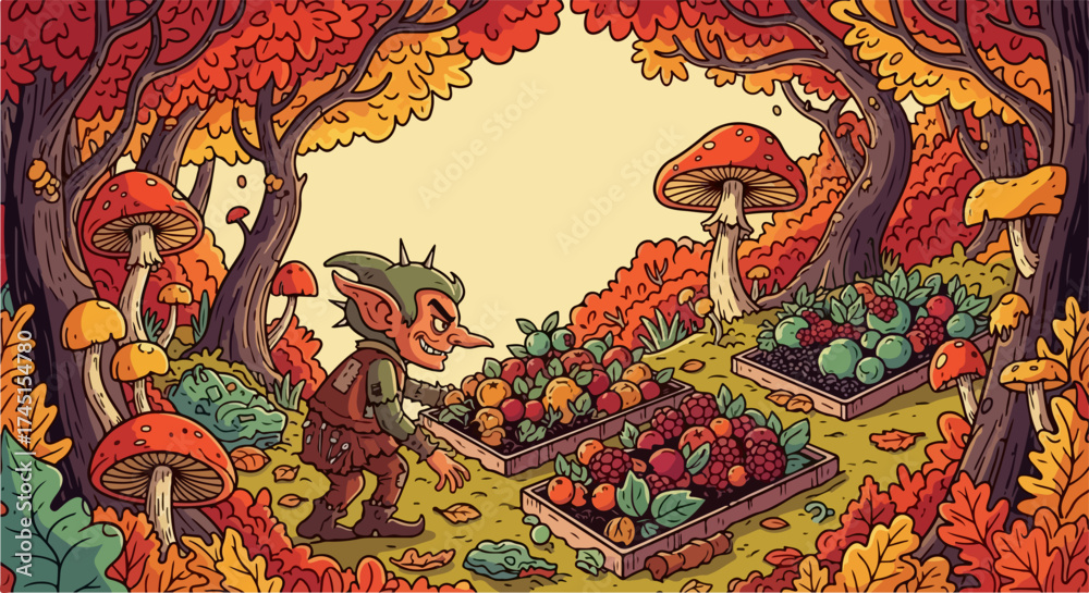 Obraz premium Cartoon goblin amidst autumnal woodland scenes filled with vibrant mushrooms and rich fall foliage. Autumnal woodland scene reveals goblin tending gardens with colorful vegetation and quirky trees.