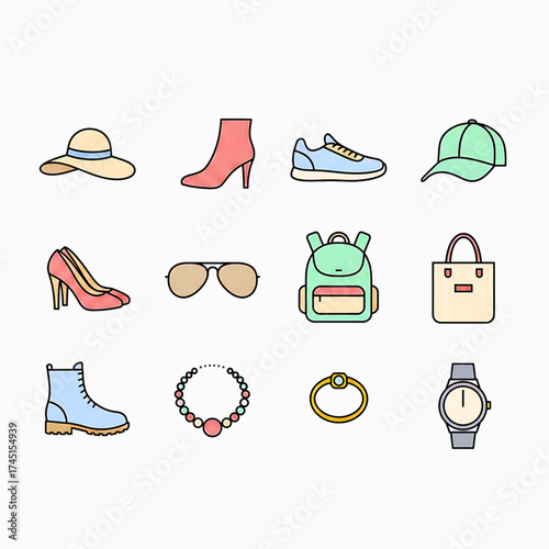 Stylish Fashion Accessories Vector Icon Set in Pastel Colors