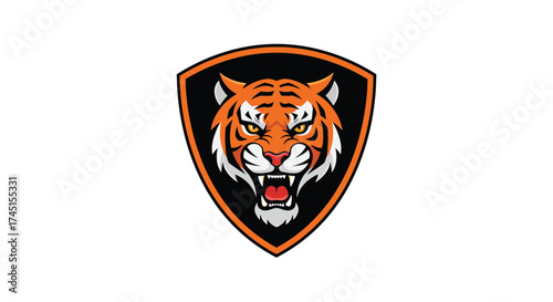 A fierce roaring tiger head mascot inside a black and orange shield emblem.