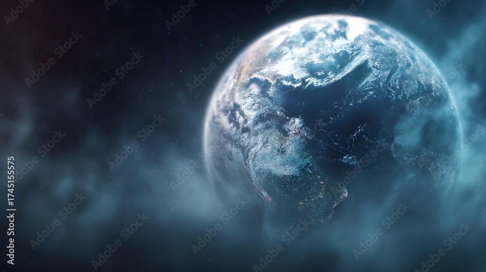 Fototapeta premium Planet Earth illuminated in the vastness of space with atmospheric clouds seen from a distance